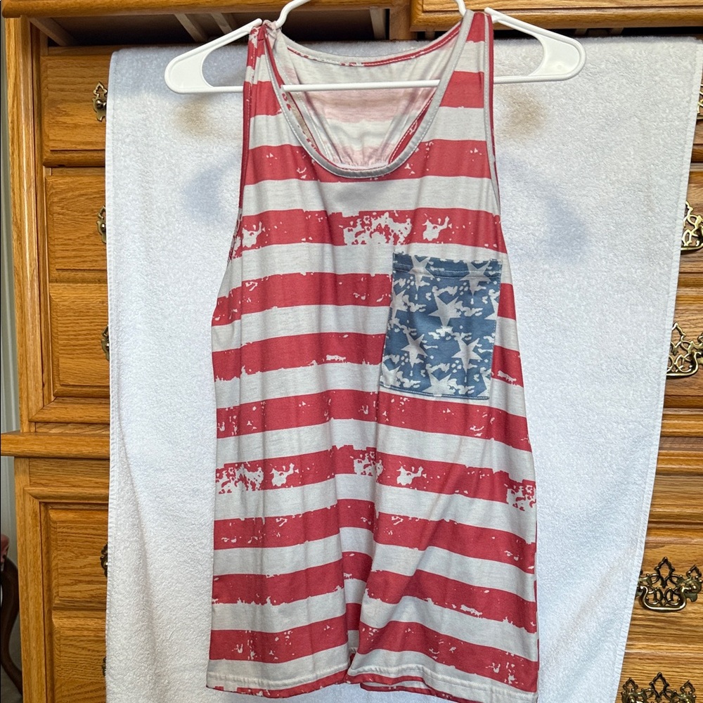 Red and White Striped Tank Top with Blue Pocket